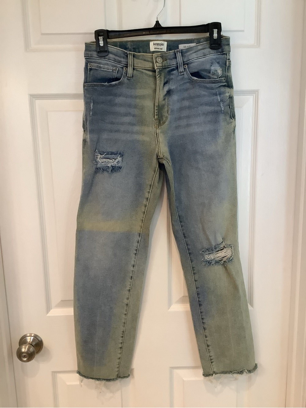 Kensie Vintage Luxe Two-Tone Distressed Blue Green Slim Jeans